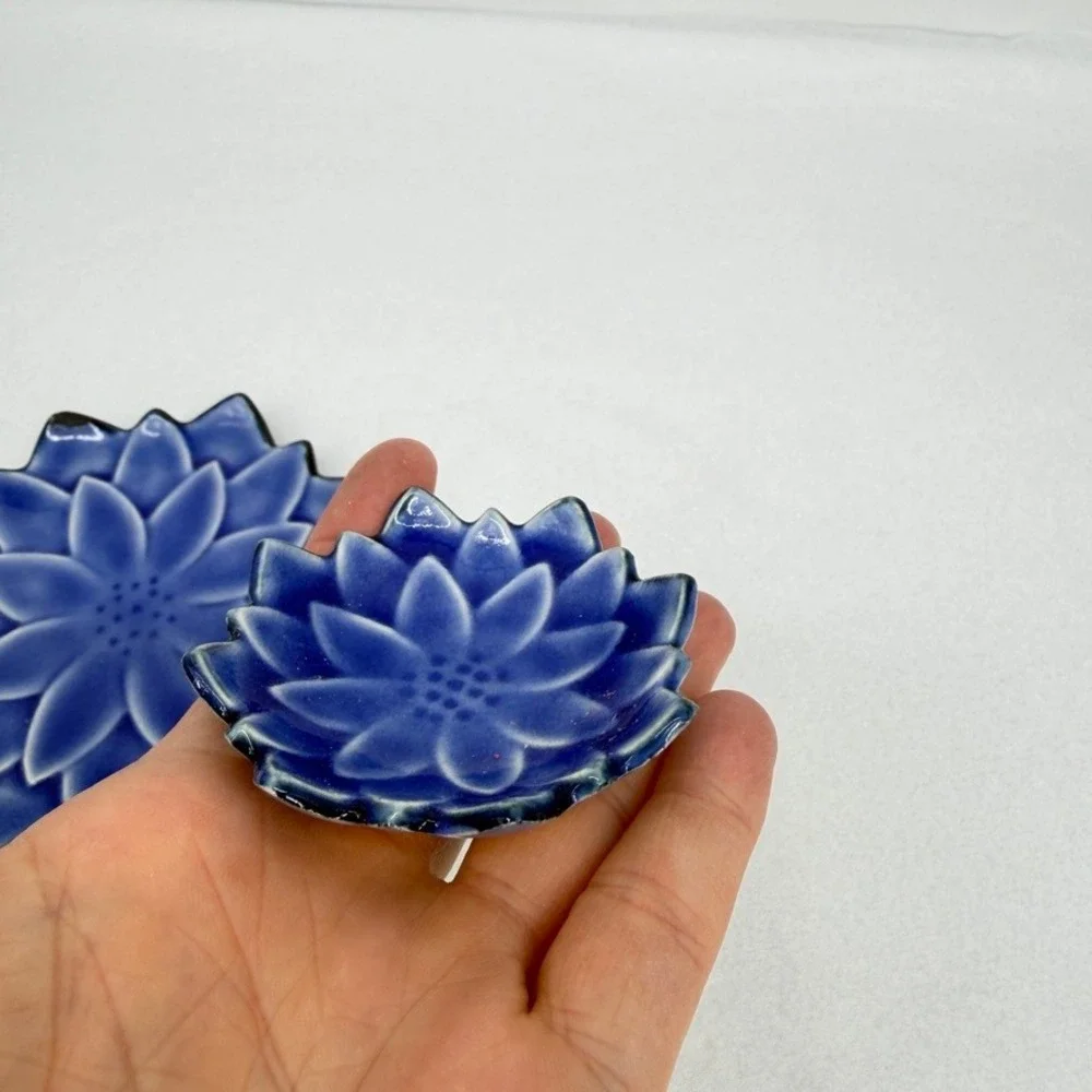 Pier 1 Ceramic Lotus Flower Trinket Dish Set Cobalt Blue Floral Decor 2 Pc Small